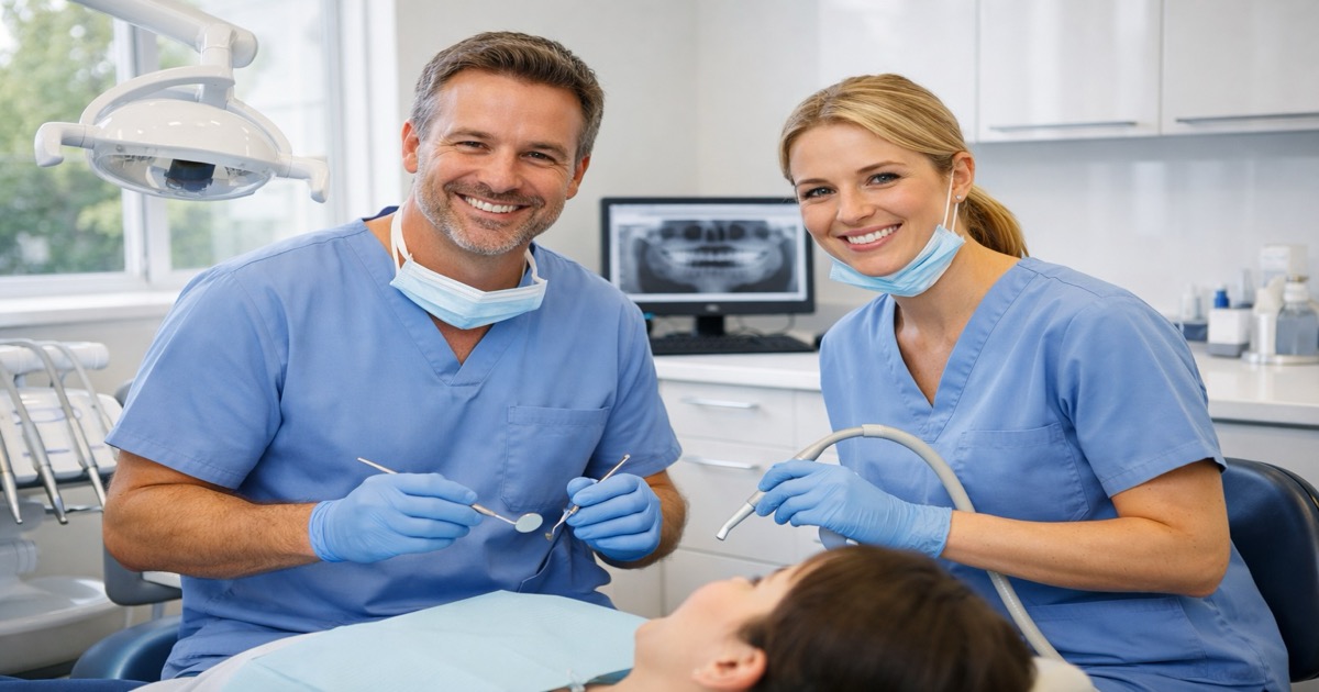 Dental team working together with a patient in a modern UK dental practice