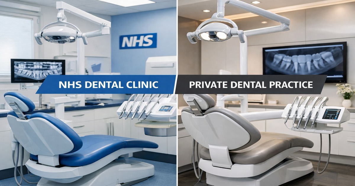 Split comparison showing NHS and private dental practice environments